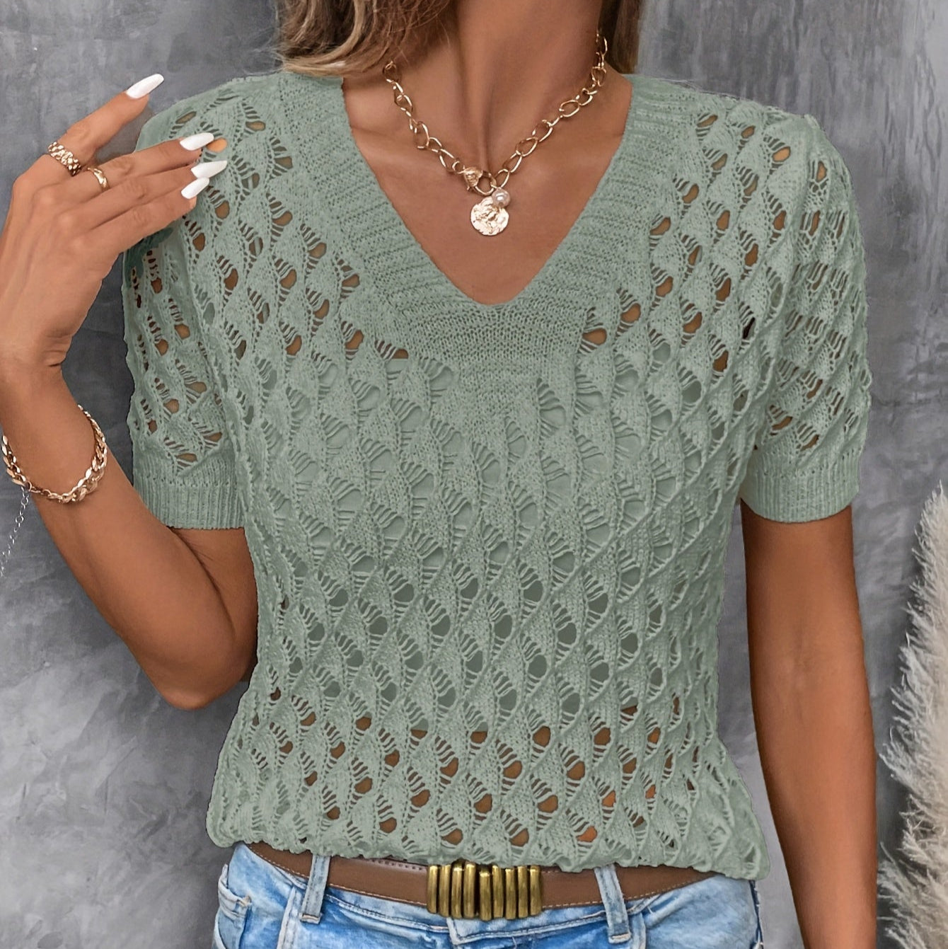 Damen - Eleganter Kurzarm-Pullover - Polyester - V-Ausschnitt und Spitze - Stilvolles Top für jeden Anlass