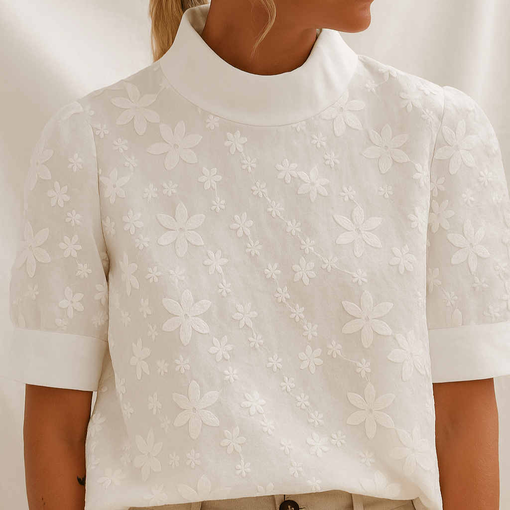 Damen - Stylische Bluse - Weichem Stoff - Mit gesticktem Stehkragen - Modisch und elegant für jeden Anlass