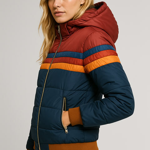 Damen - Pufferjacke - Farbblockdesign - Wasserdicht mit Kapuze - Stilvolle für jeden Anlass