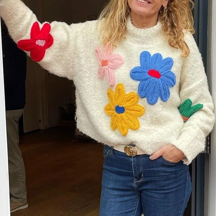 Damen - Grobstrick Pullover - Übergroßer Pullover mit Blumenmuster - Trendy und Bequem