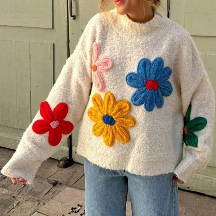 Damen - Grobstrick Pullover - Übergroßer Pullover mit Blumenmuster - Trendy und Bequem