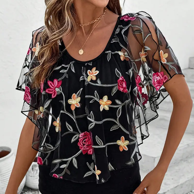 Damen - Bestickte Mesh-Bluse - Baumwollmischung - Elegantes und stilvolles Top - Perfekte Wahl für jeden Anlass