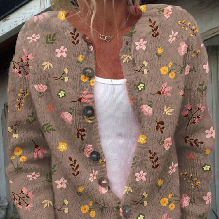Damen - Strickjacke - Gemütliche Blumenmuster - Rundhalsausschnitt - Stylische Mode für jeden Anlass