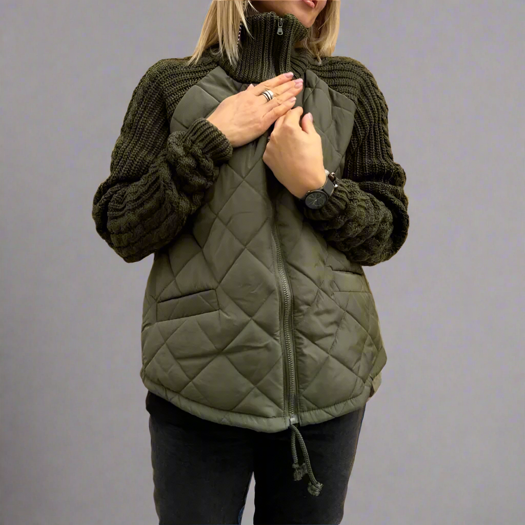 Damen - Kuschelige wattierte Jacke - Strickärmeln - Bequemer, warmer Stil für kalte Tage