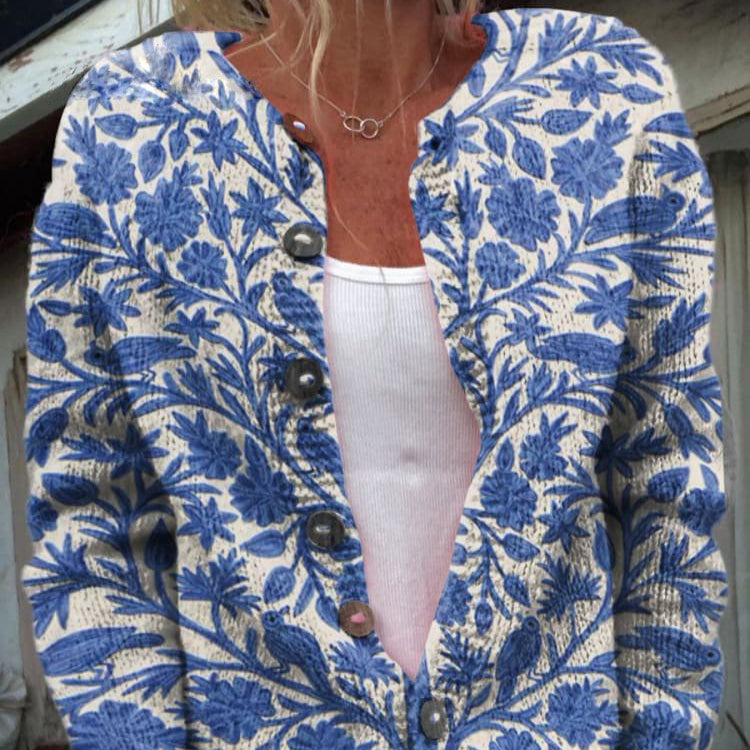 Damen - Strickjacke - Gemütliche Blumenmuster - Rundhalsausschnitt - Stylische Mode für jeden Anlass