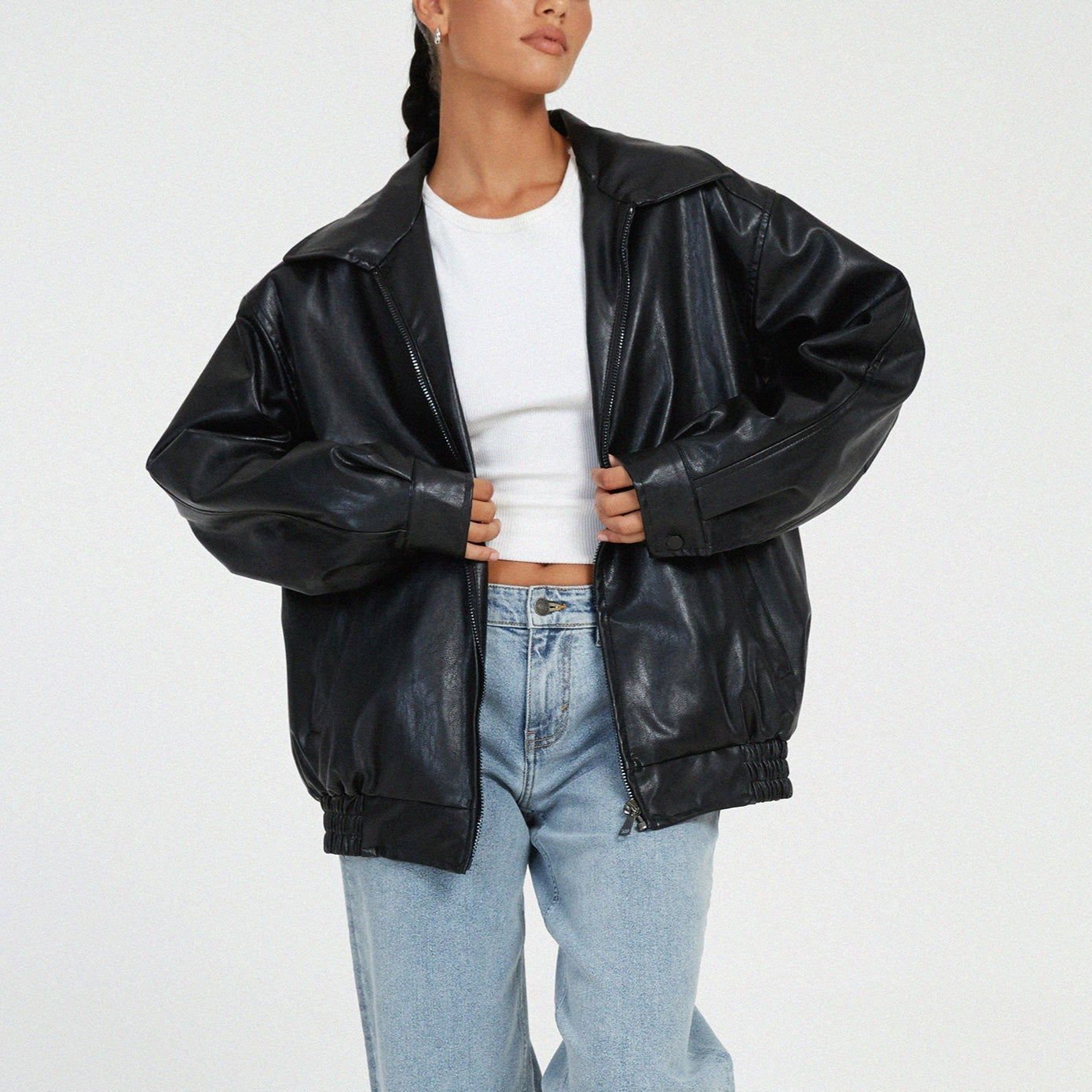 Damen - Entspannte jacke - Leder - Hochkragen mit Reißverschluss - Stilvolle Lederjacke für Alltag und Freizeit