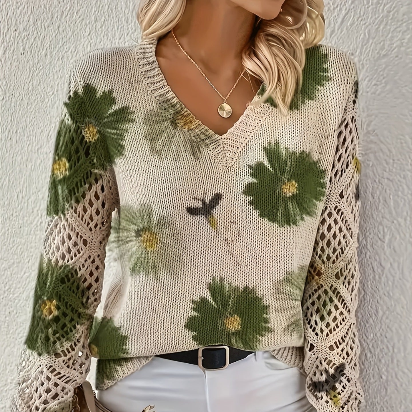 Damen - Pullover - Blumenmuster - Stylisches Strickmaterial - Modische Damenbekleidung