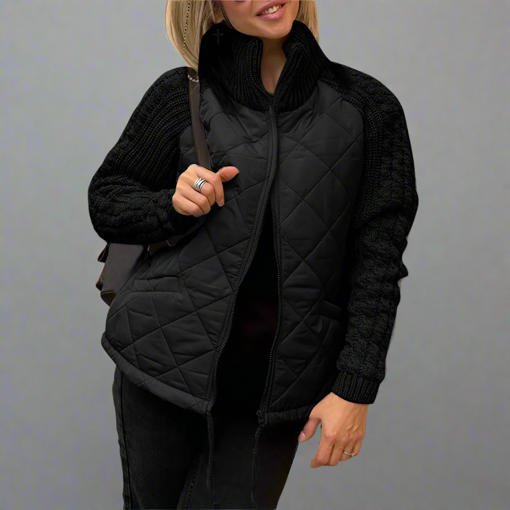 Damen - Kuschelige wattierte Jacke - Strickärmeln - Bequemer, warmer Stil für kalte Tage