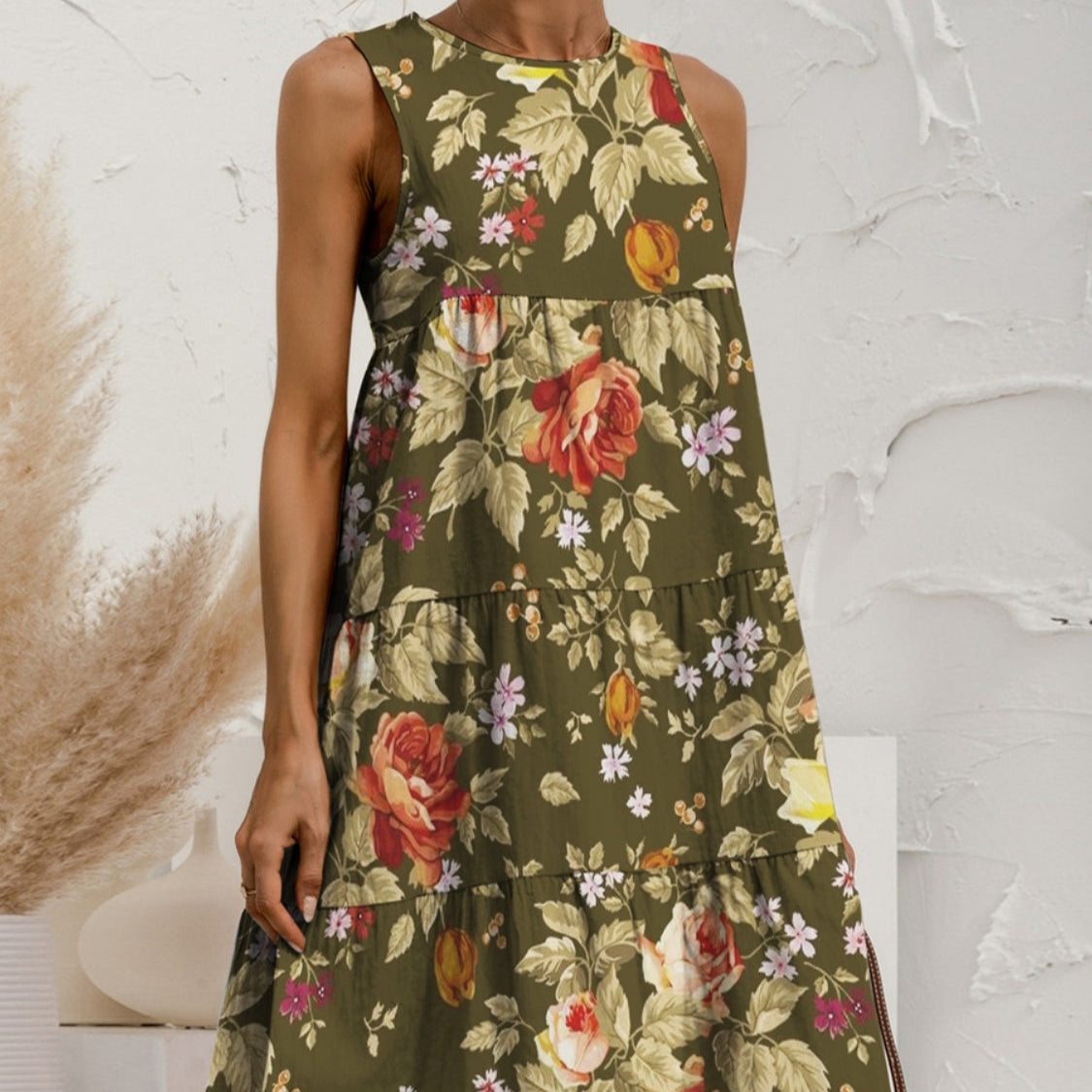 Damen - Gestuftes ärmelloses Kleid - Stoffmischung - Rundhalsausschnitt - Casual Chic für stilvolle Anlässe