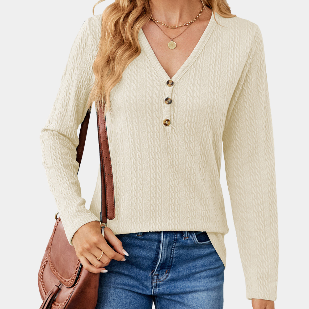 Damen - Langärmliges Oberteil - V-Ausschnitt - Zopfstrick-Design für stilvolle Eleganz