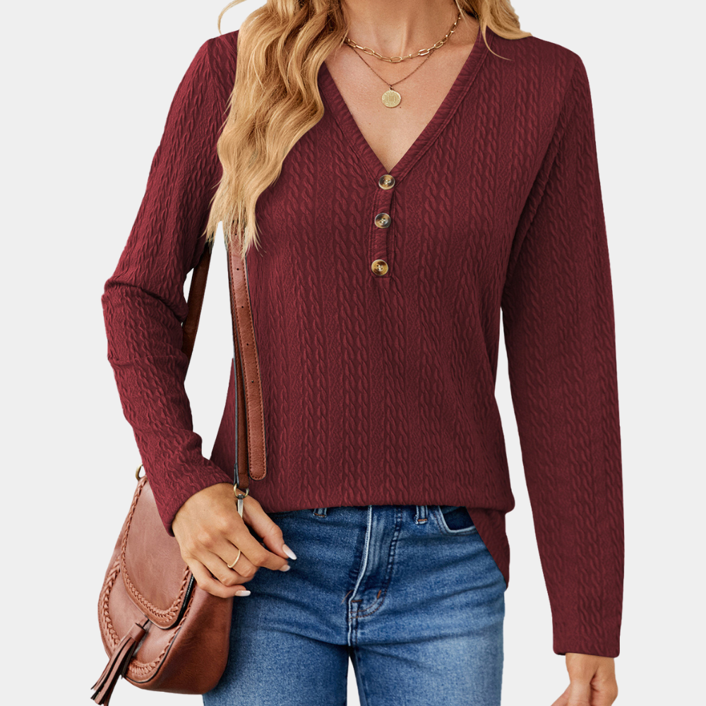 Damen - Langärmliges Oberteil - V-Ausschnitt - Zopfstrick-Design für stilvolle Eleganz