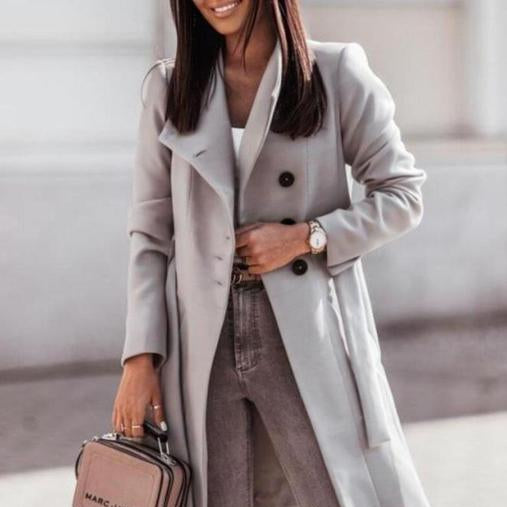 Damen - Langer Mantel mit Gürtel - Wollmischung - Eleganter, maßgeschneiderter Wintermantel für stilvolle Auftritte