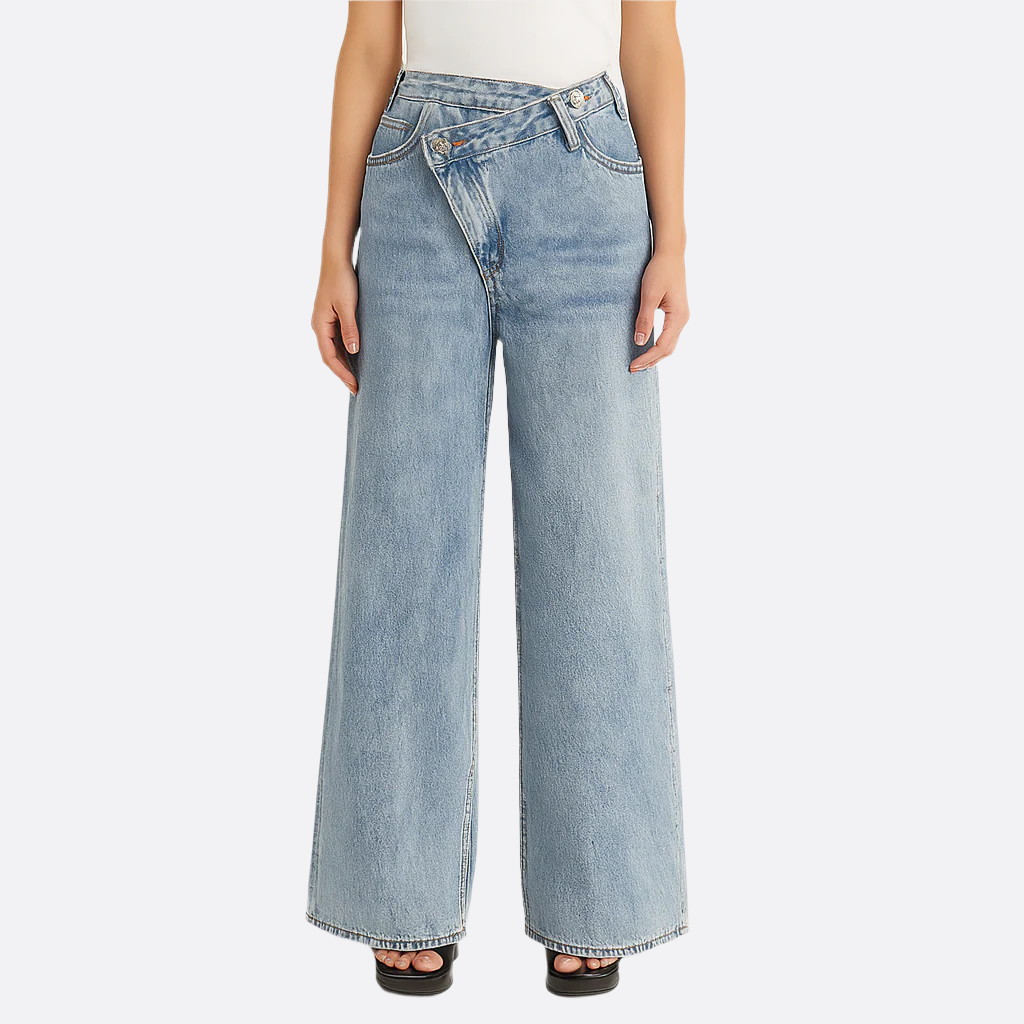 Damen - Asymmetrische Taille - Weite Jeans - Trend Stil für mühelosen Chic - Modische Damenmode