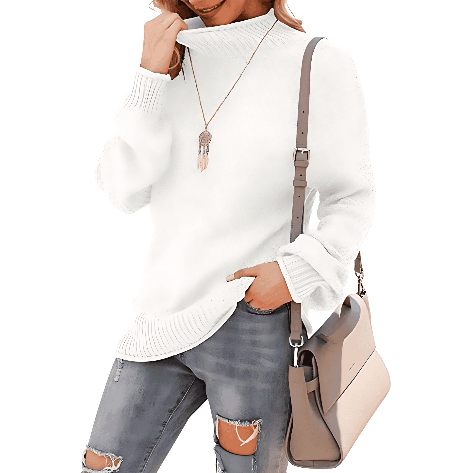Damen  - Bequemer Grobstrick Pullover - Hoher Kragen - Bequemer Style für jeden Anlass