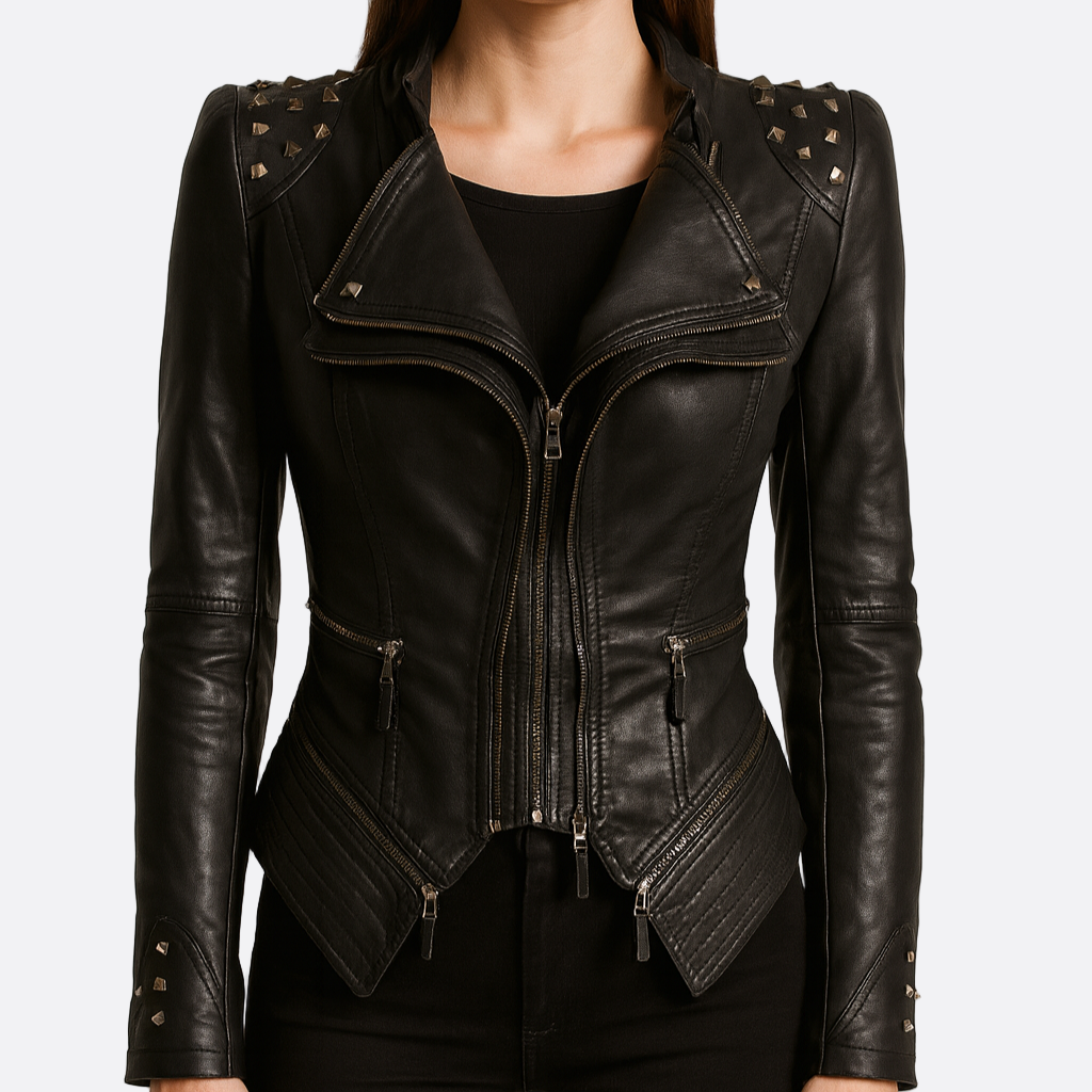 Damen - Bikerjacke - Schwarze Leder - Reißverschlüsse - Modisches Design für jeden Anlass