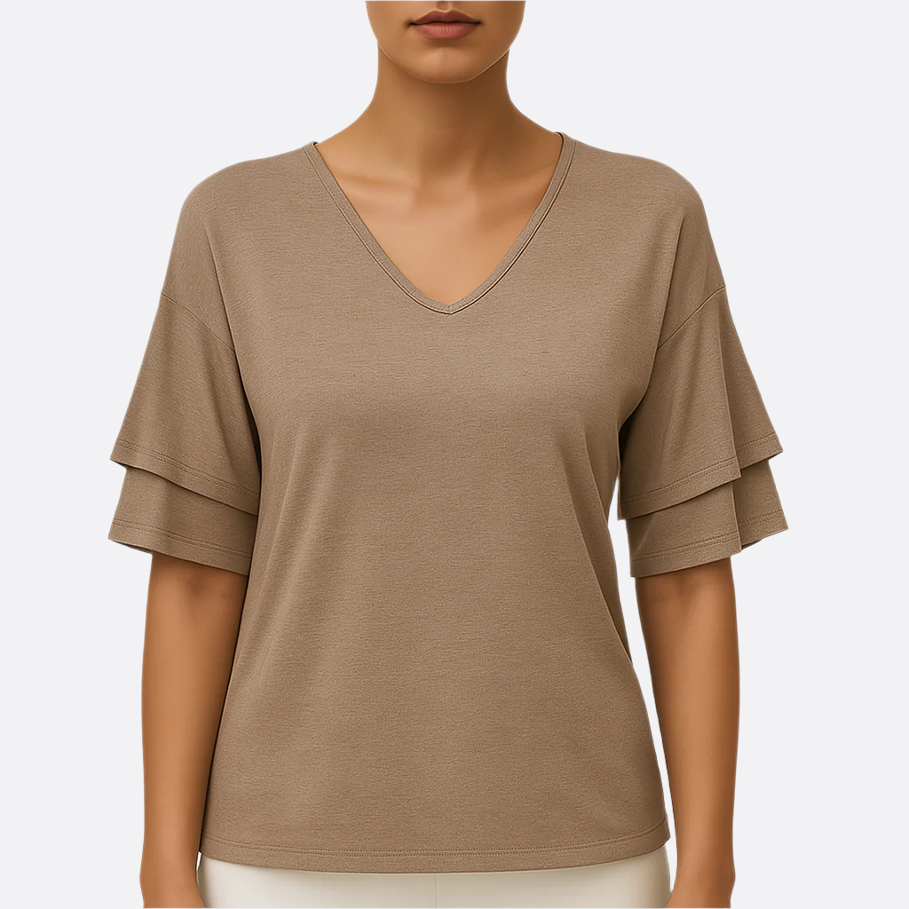 Damen - Bluse mit V-Ausschnitt und halben Ärmeln - Leichtes, atmungsaktives Material - Stylisches Alltags-Top