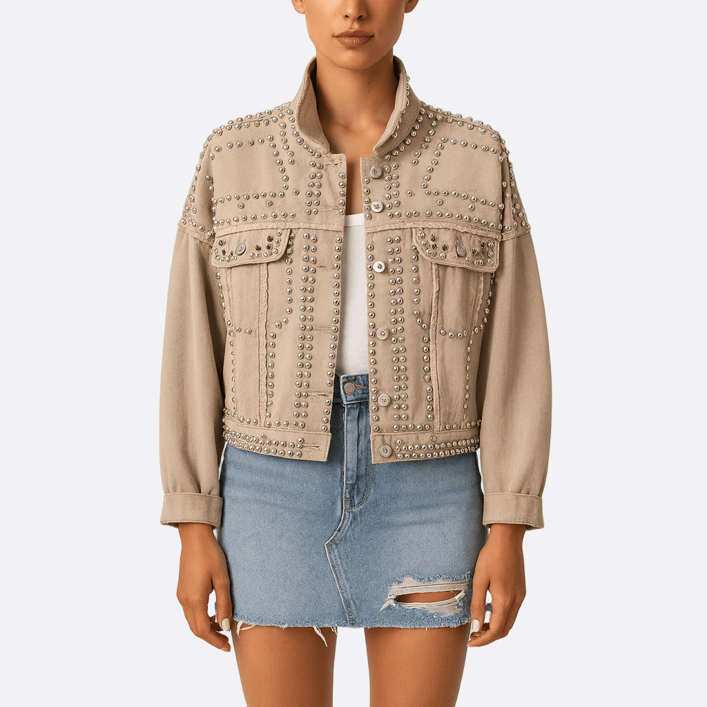 Damen - Bomberjacke mit Nieten - Knopfleiste - Trendige und stilvolle Freizeitjacke