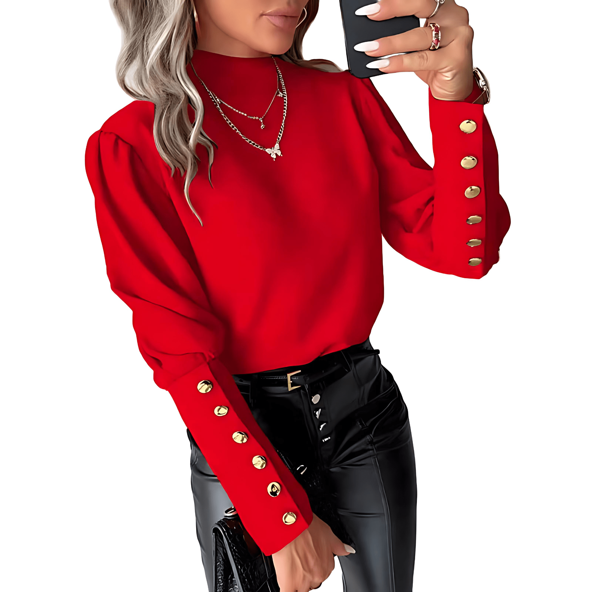 Damen - Elegante Bluse - Puffärmeln und Goldknöpfen - Stilvoll und Vielseitig für jeden Anlass