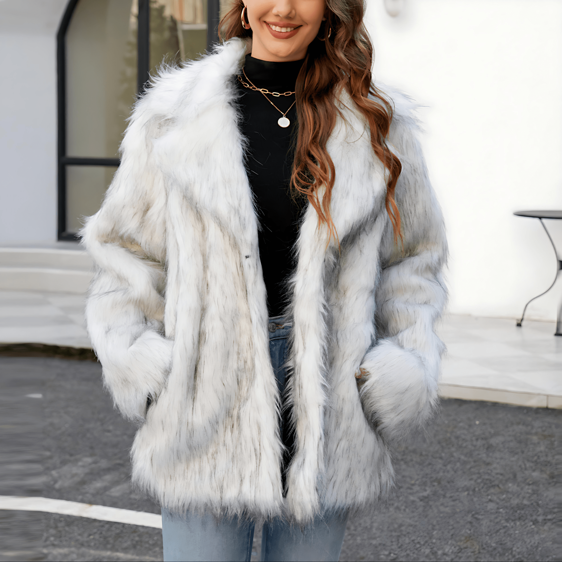 Damen - Elegante Kunstfell Jacke - Weichem Kragen - Stilvoller Winter Look für jeden Anlass