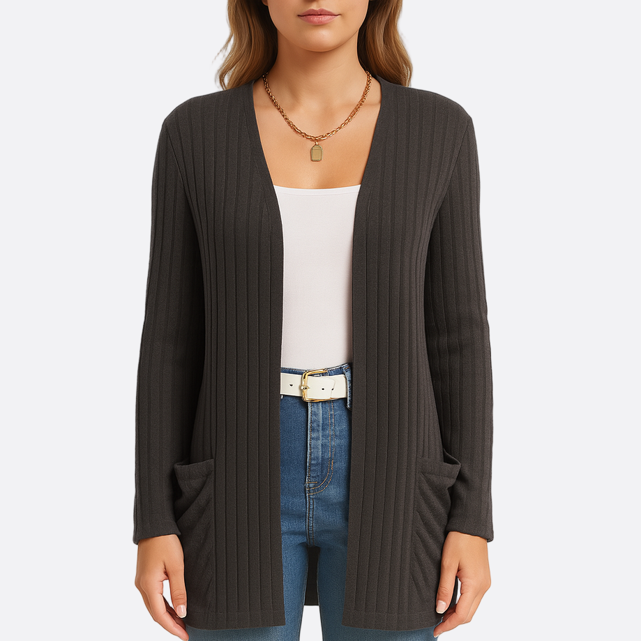 Damen - Elegante Strickjacke - Rippstrick mit praktischen Taschen - Stylische Freizeitmode