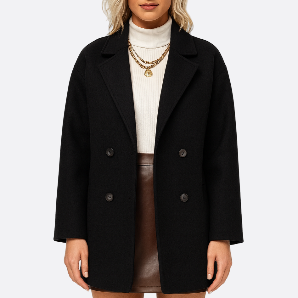 Damen - Eleganter Wollmantel - Legere Passform - Zweireiher für stilvolle Herbst- und Winterlooks