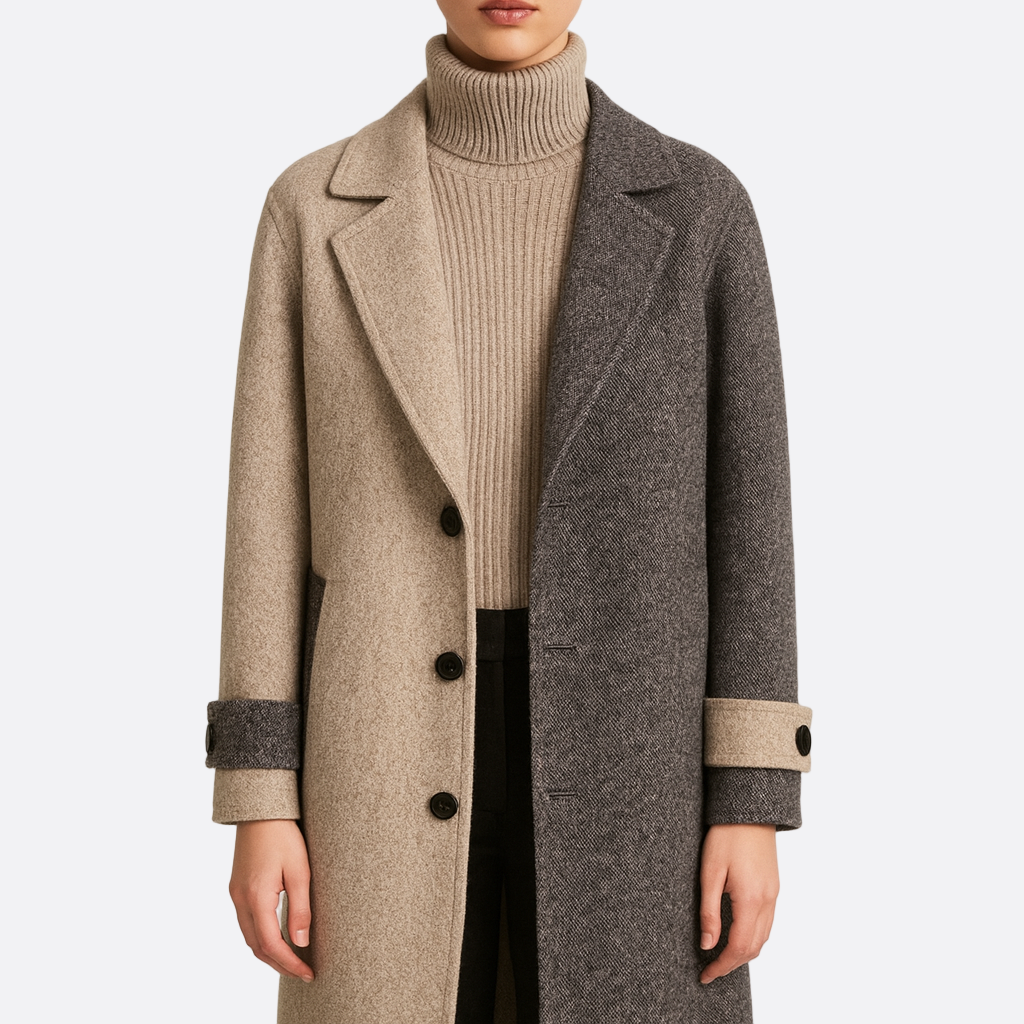 Damen - Eleganter zweifarbiger langer Mantel - Klassischer Stil - Modischer Übergangslook