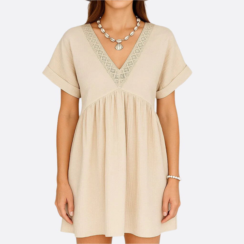 Damen - Elegantes Minikleid - Hochwertige Stoffe - V-Ausschnitt und Spitzenbesatz - Stilvolles Outfit für jeden Anlass