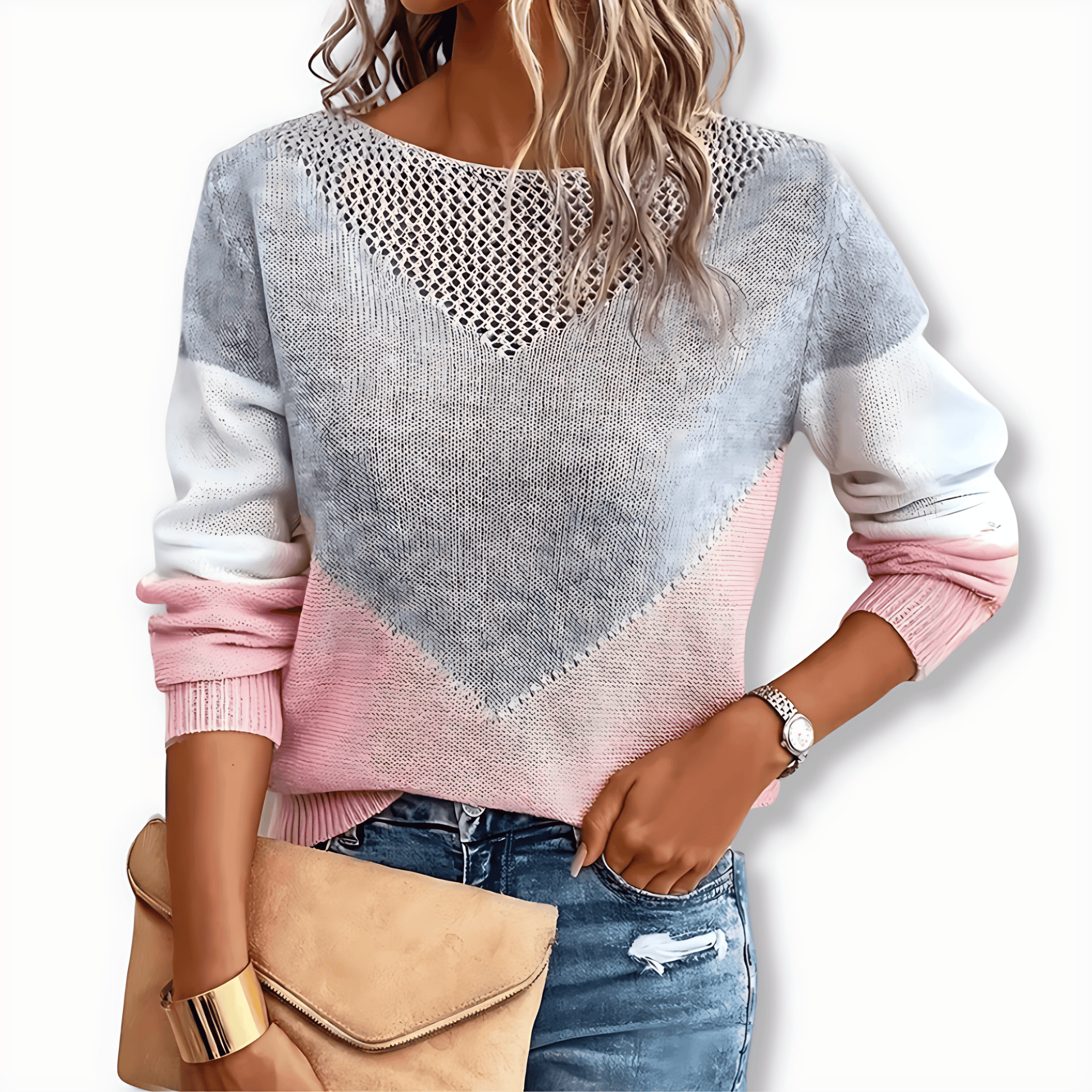 Damen - Farbblockmuster Pullover - Rundhalsausschnitt - Bequemer Strick - Modischer Stil für jeden Anlass