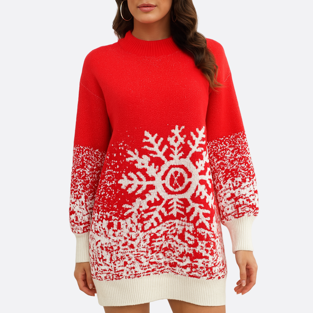 Damen - Festliches Strickkleid - Weihnachtskleid - Schneeflocken Design - Stilvoll und Gemütlich