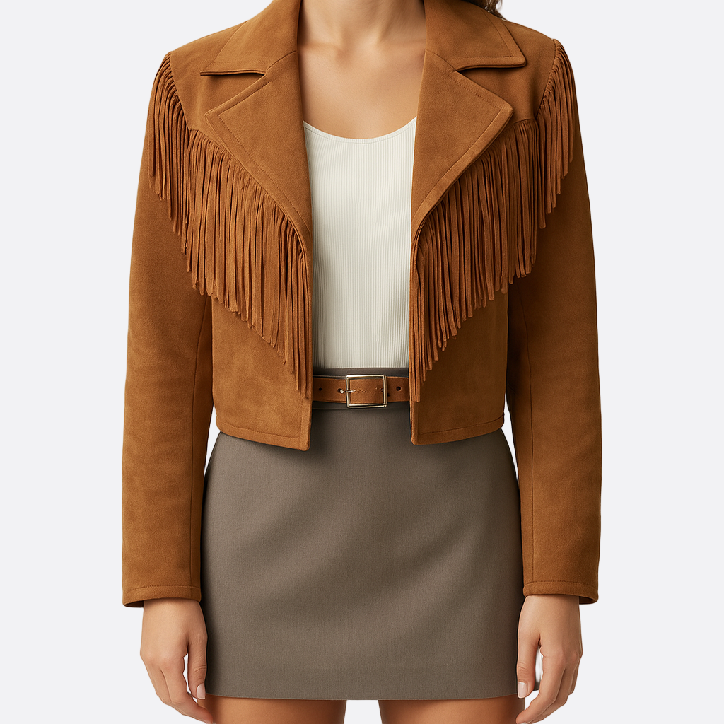 Damen - Fransenjacke - Wildleder - Taillenlang - Trendige jacke für stilvolle Looks