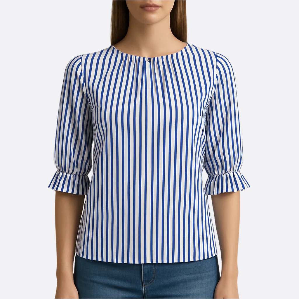 Damen - Gestreifte Freizeitbluse - Polyester - Rundhalsausschnitt, halbe Ärmel - Bequeme und stilvolle Bluse