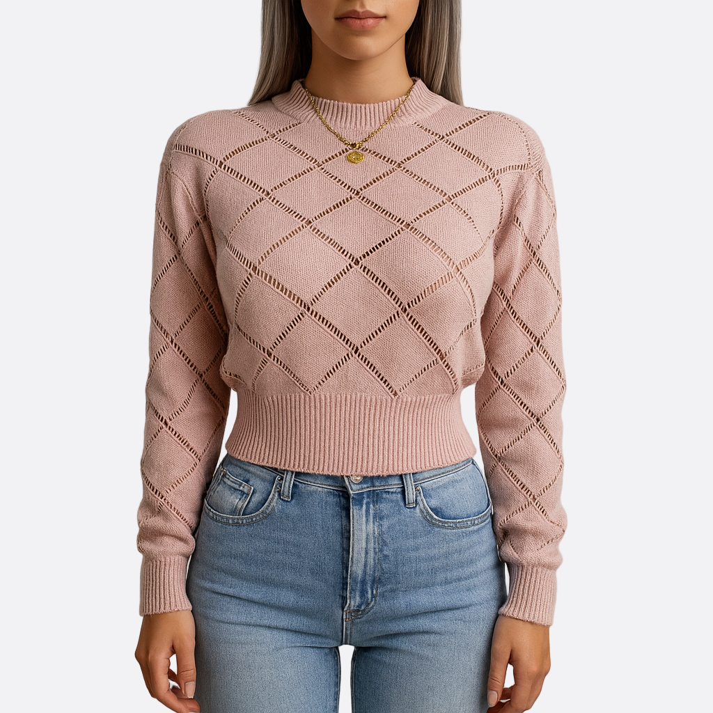 Damen - Gestrickter Pullover - Hohem Halsausschnitt - Rautenmuster - Warm und Stilvoll für den Herbst