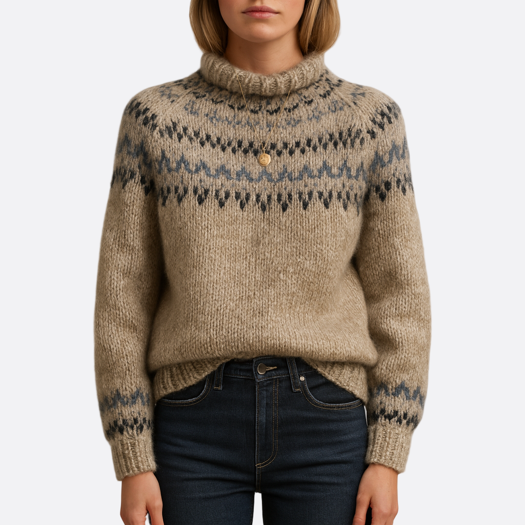 Damen - Grobstrick Pullover - Übergroßer Fair Isle Stil - Bequemer Winterpullover