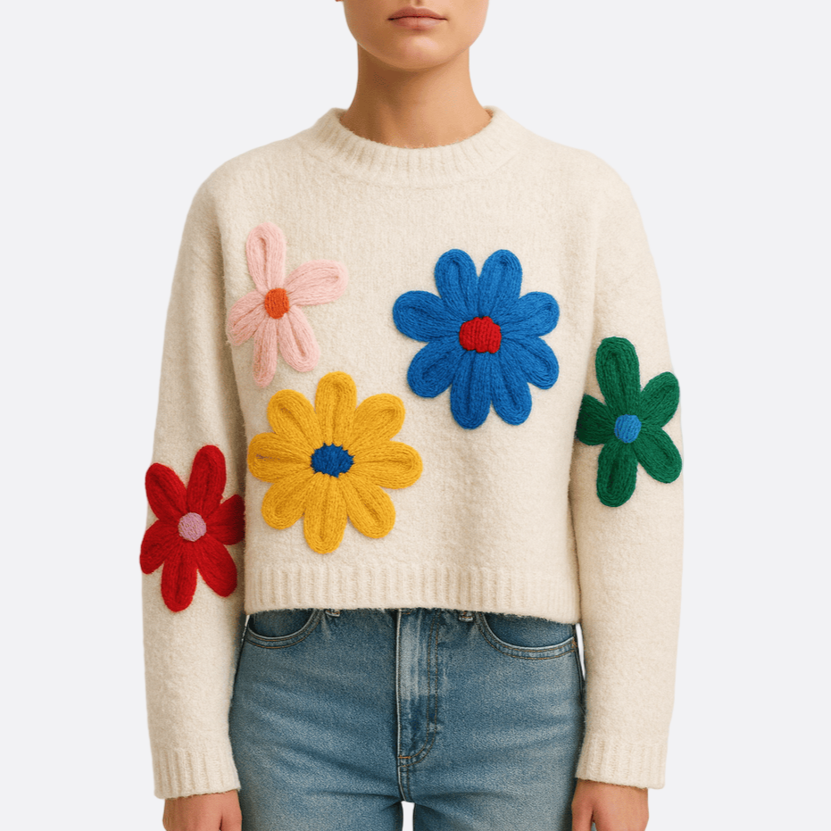 Damen - Grobstrick Pullover - Übergroßer Pullover mit Blumenmuster - Trendy und Bequem