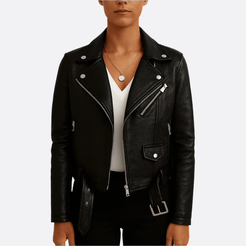 Damen - Kunstlederjacke mit Gürtel und Reißverschluss - Modischer Stil für jeden Anlass