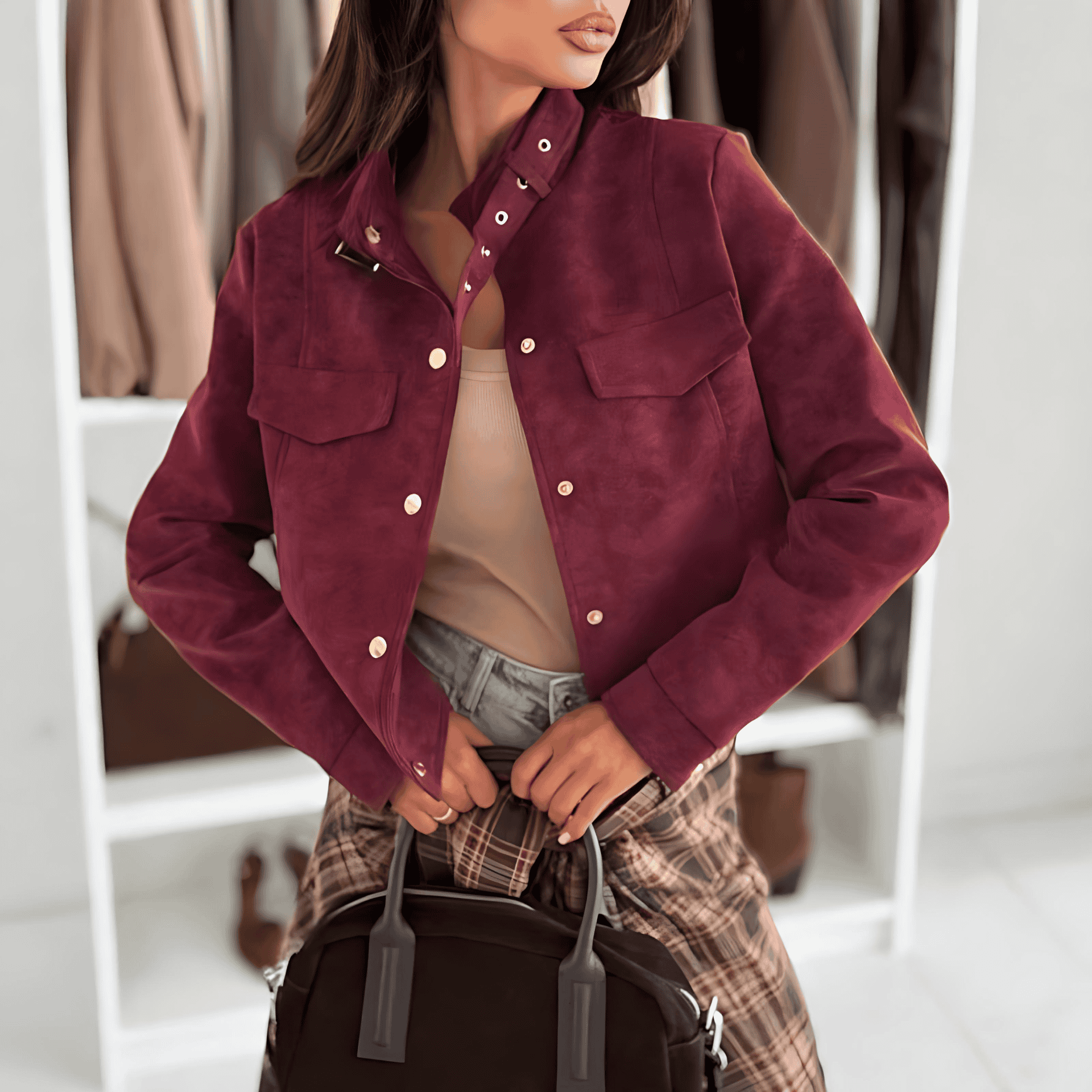 Damen - Jacke - Weichem Wildleder - Knopfdetails - Stilvolle Mode für jede Gelegenheit