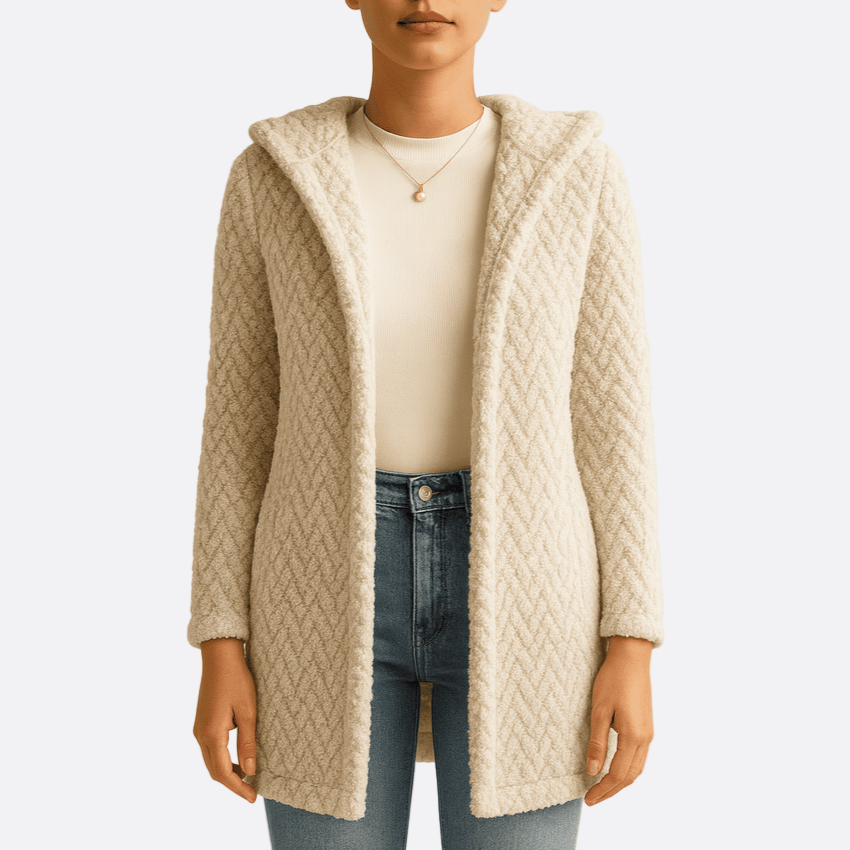 Damen - Jacquard Plüschmantel - Kapuze - Weiche Strickjacke für ultimativen Komfort