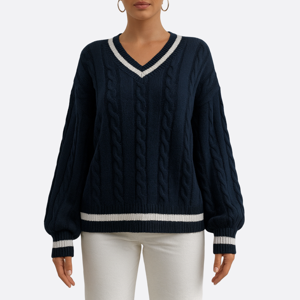 Damen - Kabelstrick Pullover - V-Ausschnitt - Gemütlich & Stilvoll für jeden Anlass