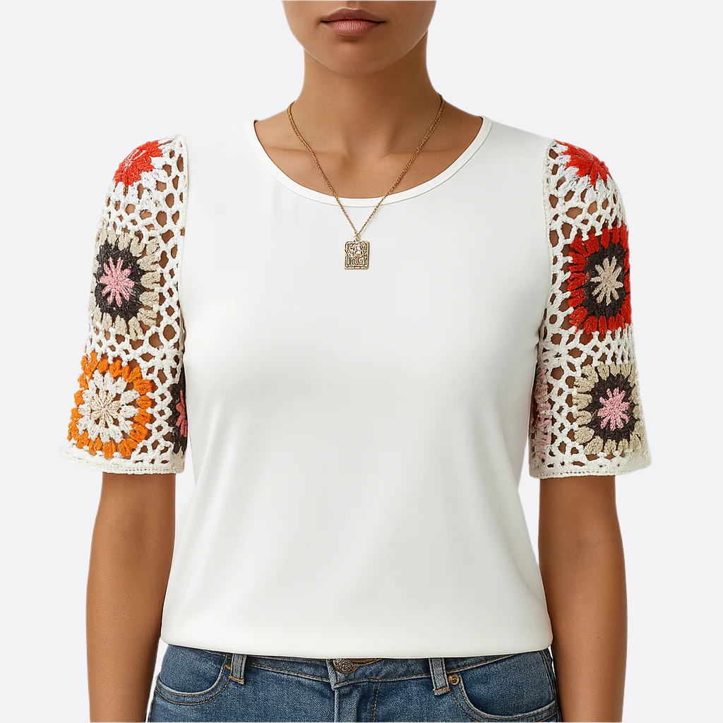Damen - Kurzarmbluse mit geometrischem Rundhalsausschnitt - Polyester Mischung - Trendiges Top für jeden Anlass