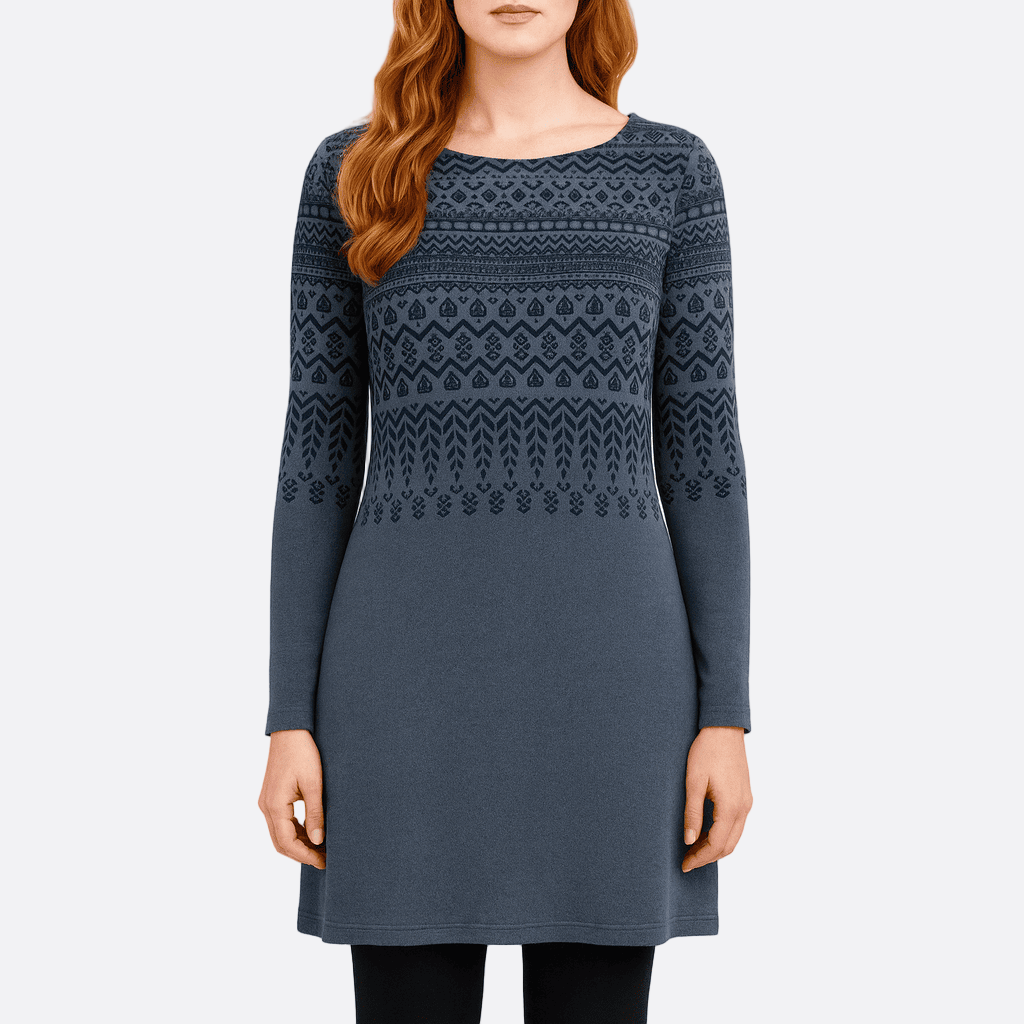 Damen - Langärmeliges Kleid - Ethnischem Print - Gebürsteter Stoff - Bequemes und stilvolles Damenkleid