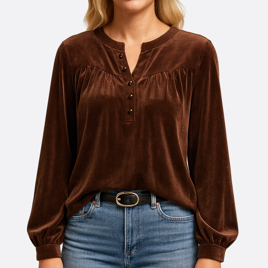 Damen - Langärmeliges Top - Samt - V-Ausschnitt mit Knöpfen - Elegantes Oberteil für jeden Anlass