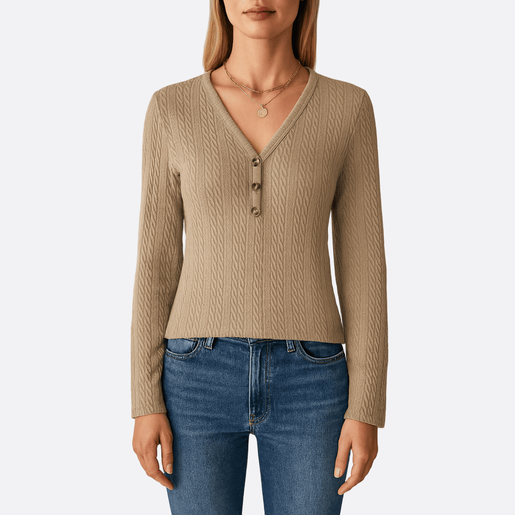 Damen - Langärmliges Oberteil - V-Ausschnitt - Zopfstrick-Design für stilvolle Eleganz