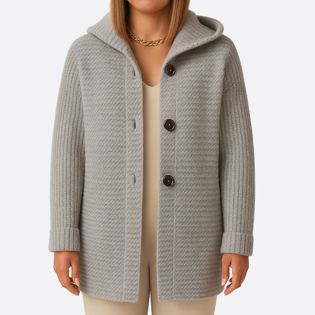 Damen - Lange Strickjacke mit Kapuze - Warmer - Bequemer Cardigan mit Knopfleiste - Ideal für den Alltag