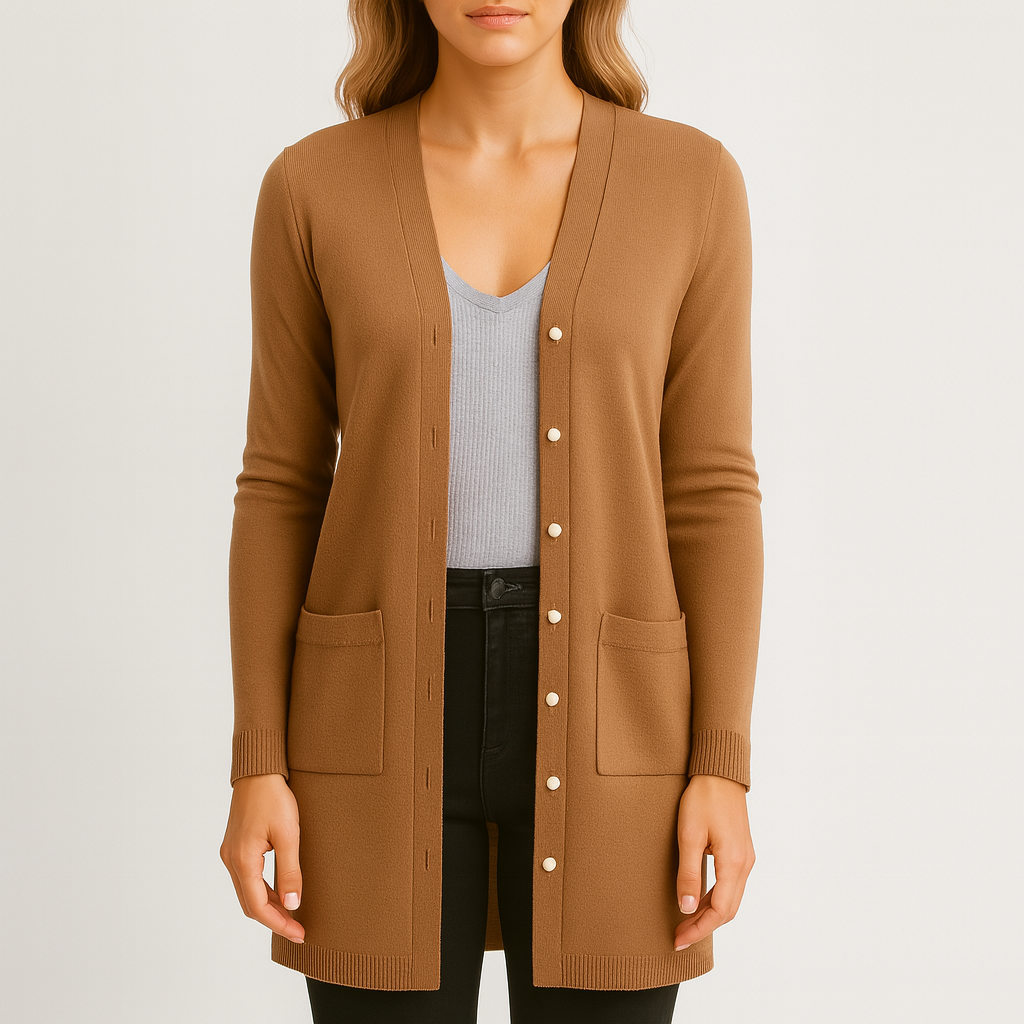 Damen - Lange Strickjacke mit Knöpfen und Taschen - Weiches Material - Bequemer Stil - Mode für den Alltag
