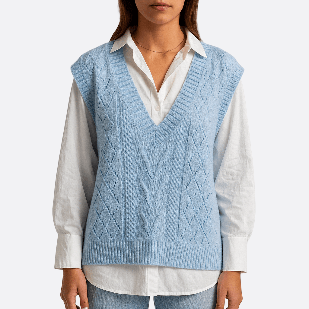 Damen - Lässige Weste mit V-Ausschnitt und Zopfmuster - Wollmischung für stilvolle Looks