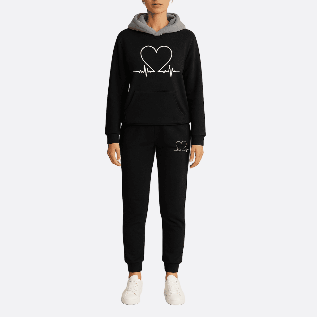 Damen - Loungewear Set - Bequemer Hoodie - Herzschlag Print & Jogginghose - Perfekt für Entspannung