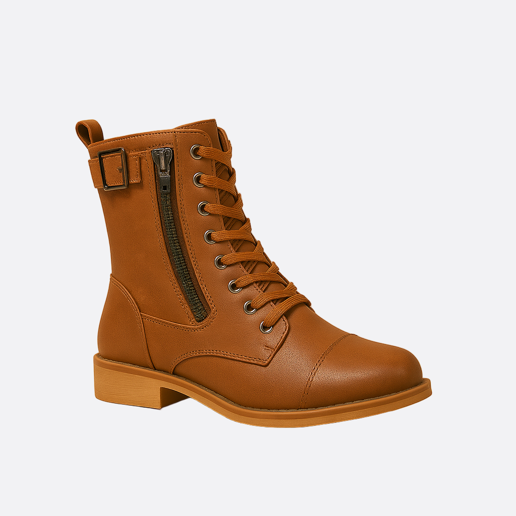 Damen - Mid-Calf Schnürstiefel - Reißverschluss & Schnalle Design - Modische Stiefel für jeden Anlass