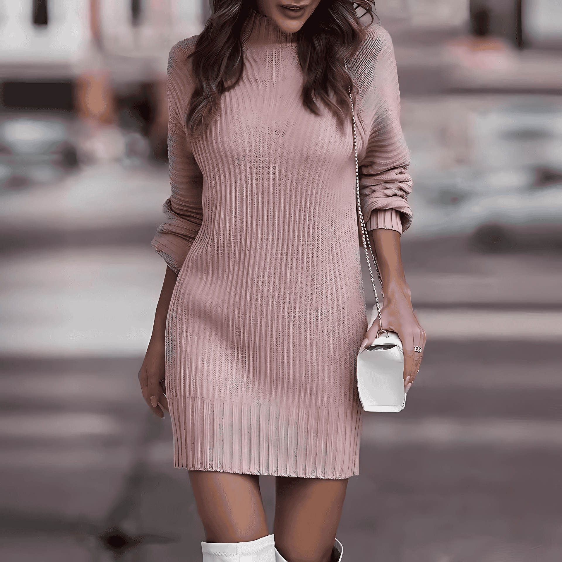 Damen - Minikleid -  Rippenstrick - Stehkragen - Gemütliche  stilvolle Looks