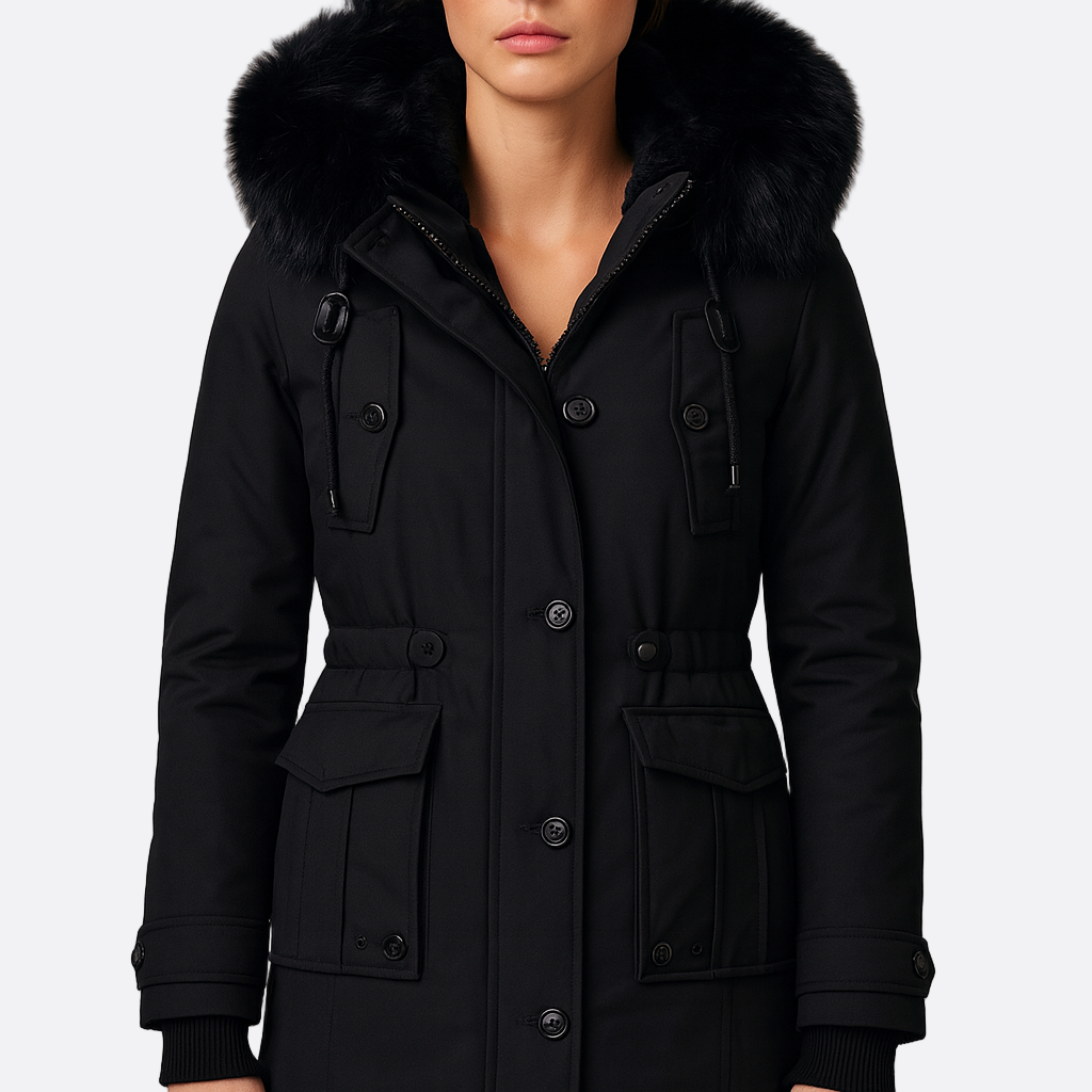 Damen - Mittellanger Mantel - Maßgeschneidert - Kunstfell-Kapuze - Stilvoller Winterbegleiter