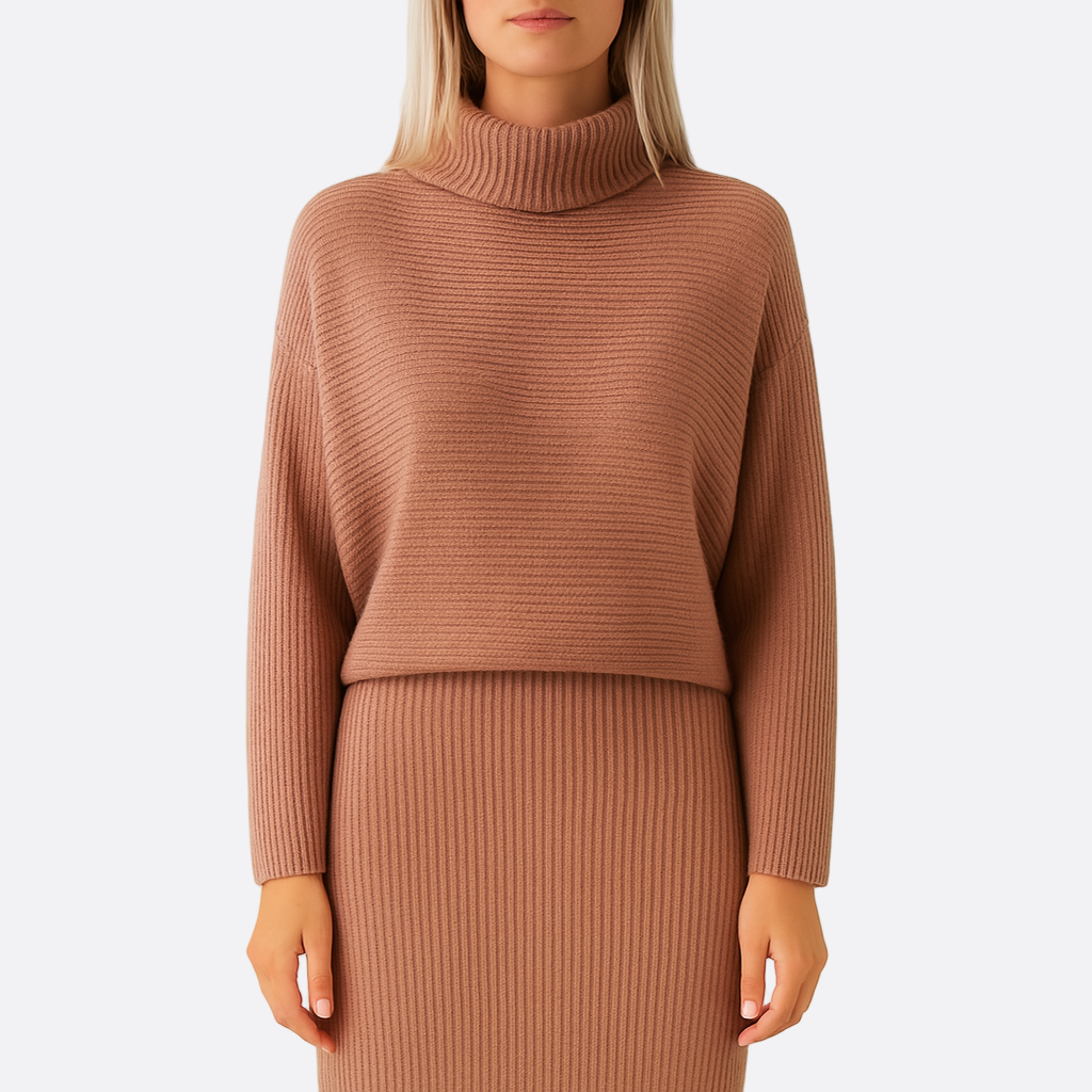 Damen - Rollkragen Strick Kombi Set - Geripptes Design - Modische Strickmode für jeden Anlass